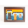 Wooden Facade Wall Art – Blue Colonial House with Orange Door and Balcony