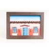 Wooden Facade Wall Art – Red Colonial House with Blue Door and Windows