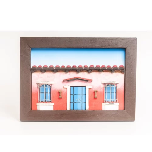 Wooden Facade Wall Art – Red Colonial House with Blue Door and Windows